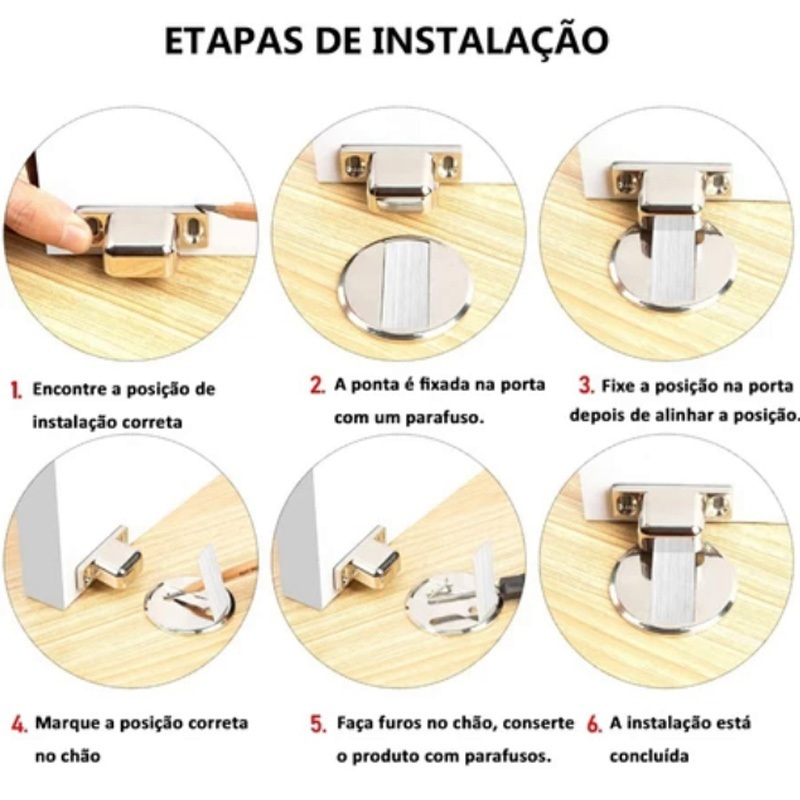 Guia ilustrado com seis etapas de instalação